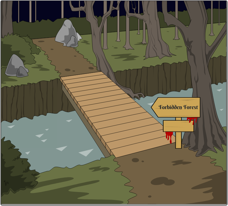 A forest with a wooden sign saying Forbidden Forest.